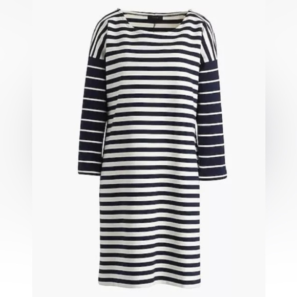 J. Crew Striped Relaxed Cotton Shift Mini Dress, Navy Blue White 3/4 sleeve, S - Picture 2 of 11